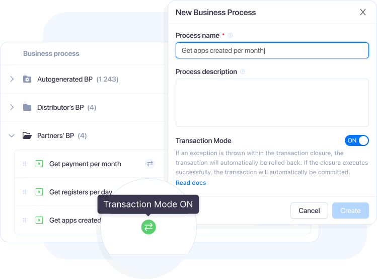 Transaction mode for executed business processes